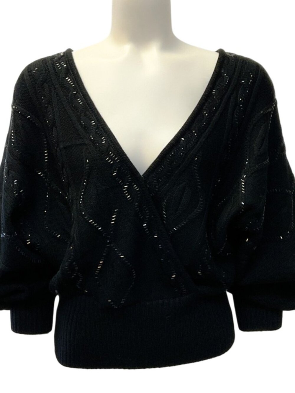 Camilla Black Wool Cable Knit Bead Embellished Surplice Sweater